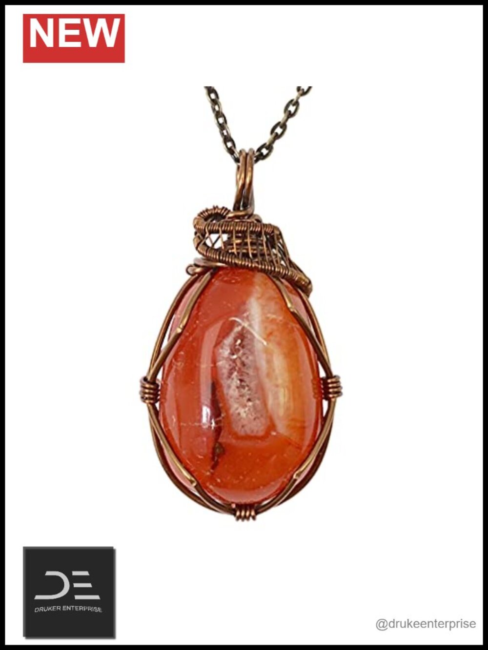 Handcrafted Raw Carnelian Pendant Necklace, Wire Wrapped Antique Bronze 24"